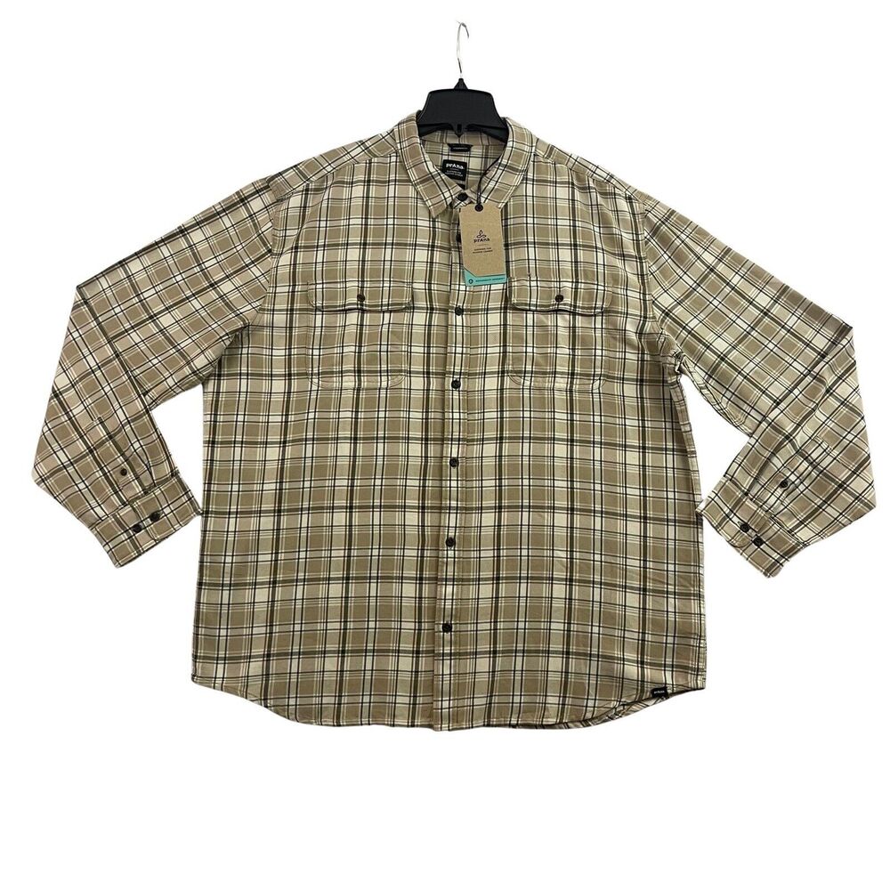 prAna Edgewater Shirt Mens Size XXL Chalk Plaid Button Down Long Sleeve NEW